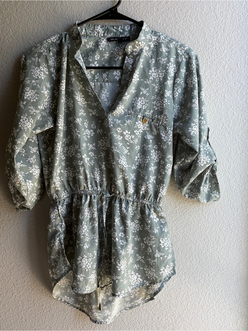 Small Sage Green Floral Drawstring Waist Blouse